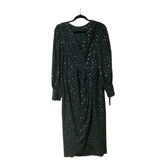 Maggy London Womens Size 10 Green Gold Polka Dot Draped Front Dress New - Picture 1 of 6